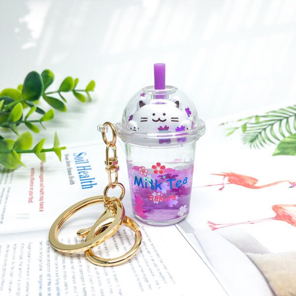 SKU-02-樱花猫紫色 Liquid Oil Sakura Cat Milk Tea Cup Keychain