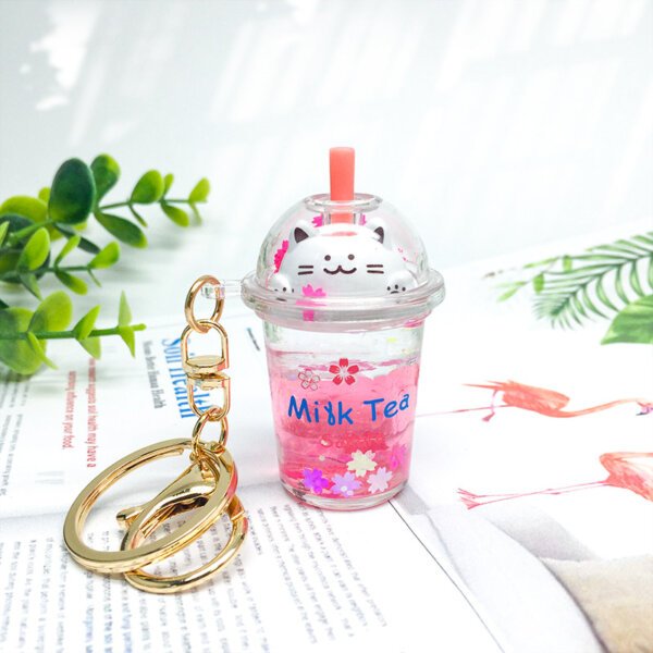 SKU-04-樱花猫粉色 Liquid Oil Sakura Cat Milk Tea Cup Keychain