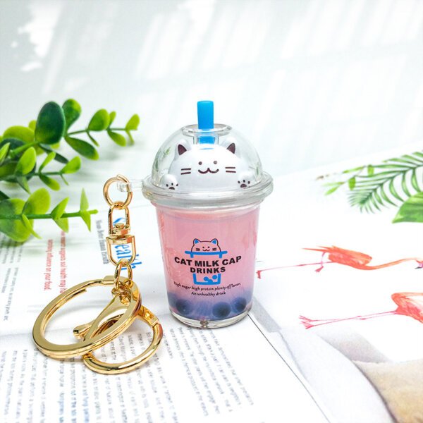 SKU-05-普通猫咪粉色 Liquid Oil Sakura Cat Milk Tea Cup Keychain