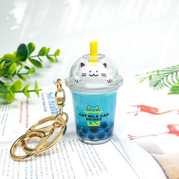 SKU-06-普通猫咪蓝色 Liquid Oil Sakura Cat Milk Tea Cup Keychain