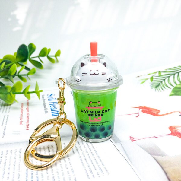 SKU-08-普通猫咪绿色 Liquid Oil Sakura Cat Milk Tea Cup Keychain