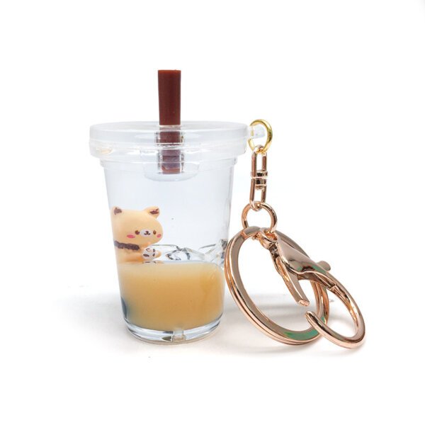 SKU_02_入油奶茶熊-平盖奶茶-金扣 Liquid Quicksand Liquid Sand Bubble Tea Bear Keychain