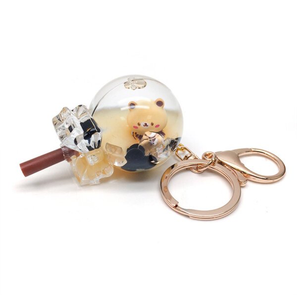SKU_08_入油奶茶熊-棒棒糖-金扣 Liquid Quicksand Liquid Sand Bubble Tea Bear Keychain