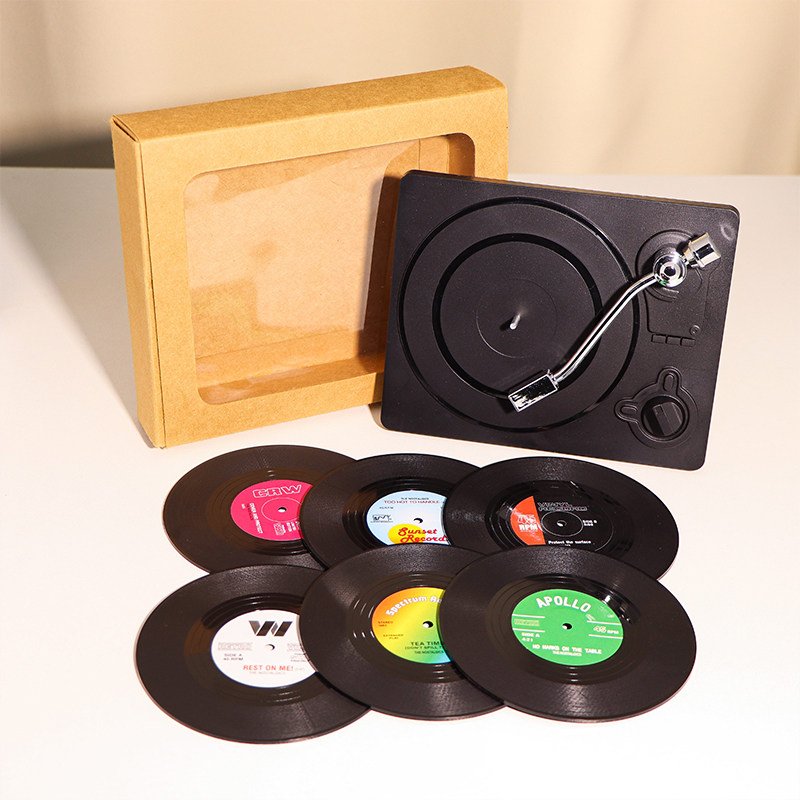 Customizable Realistic Vinyl Record Player and Record Coasters 3 SKU 08 经典白色6片杯垫唱片机盒子
