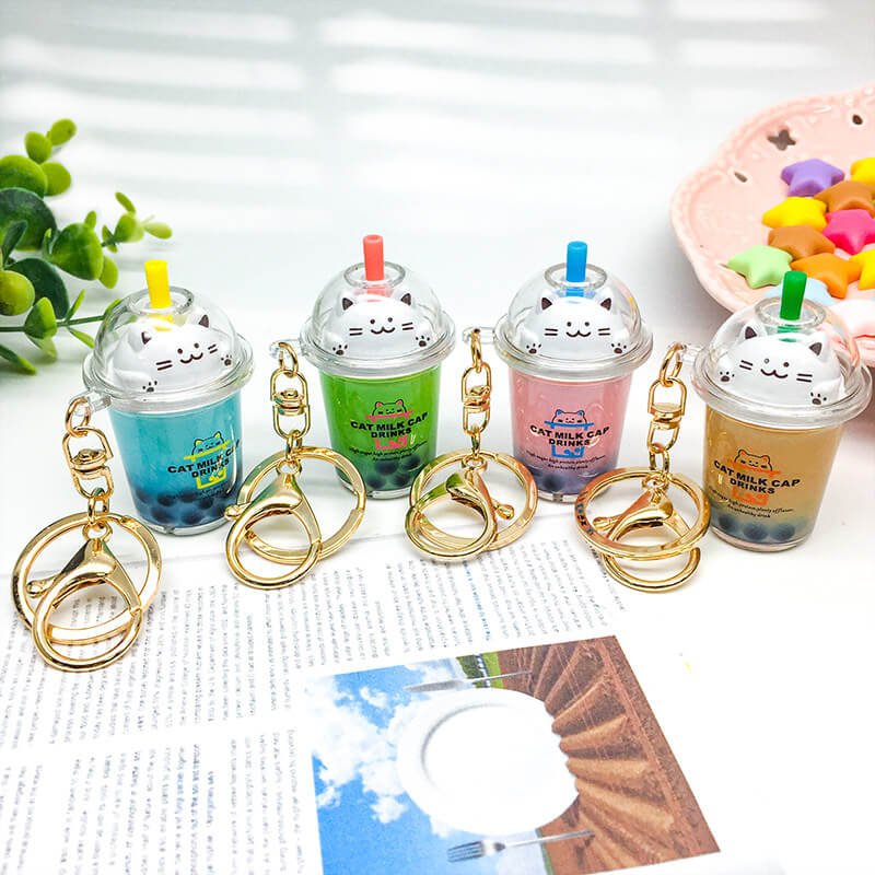 Liquid Oil Sakura Cat Milk Tea Cup Keychain 3 详情 02