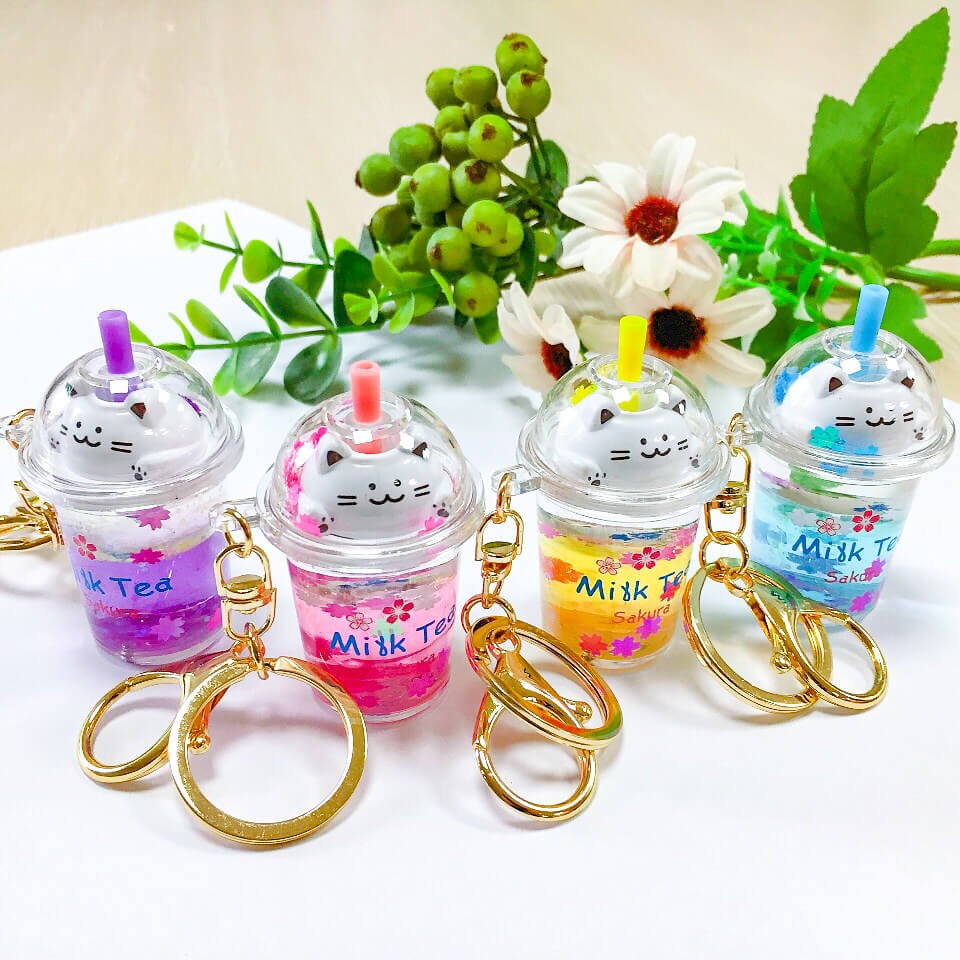 Liquid Oil Sakura Cat Milk Tea Cup Keychain 2 详情 03